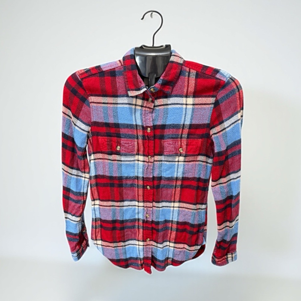 "American Eagle Distressed Flannel Shirt Blue Red Women's Size Small